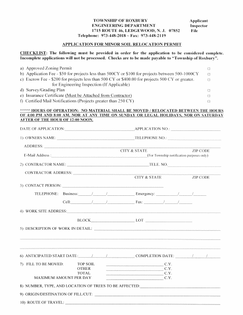 First page of the Minor Soil Relocation Permit Application