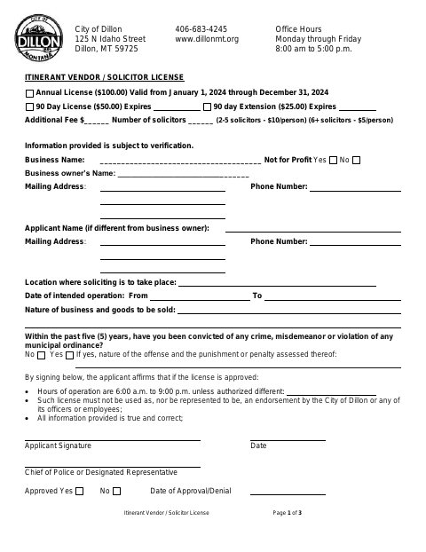 First page of the Itinerant Vendor / Solicitor License