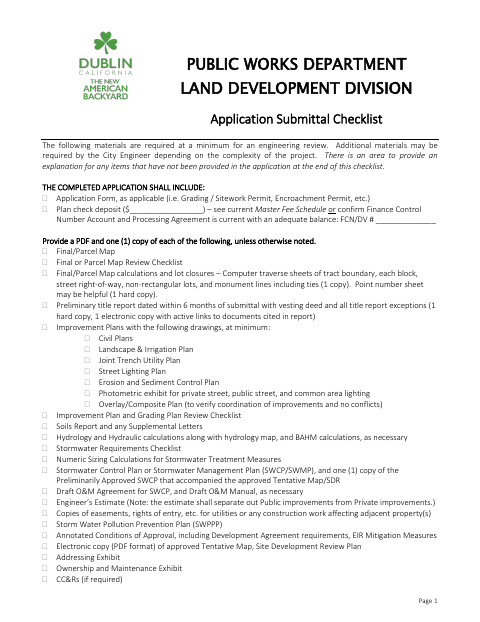 First page of the Public Works Application Submittal Checklist