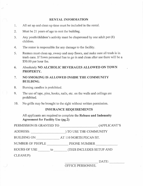 First page of the Community Center Rental Information and Facility Use Agreement
