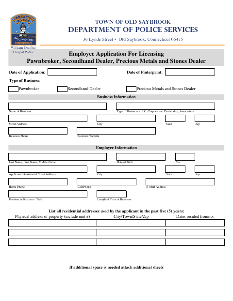 First page of the Employee Application for Pawnbroker and Dealer Licensing