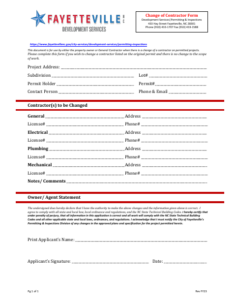 First page of the Change of Contractor Form