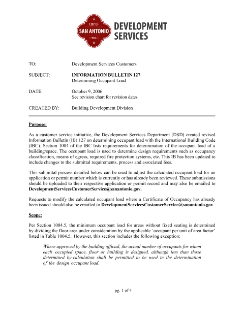 First page of the Occupant Load Change Request Application