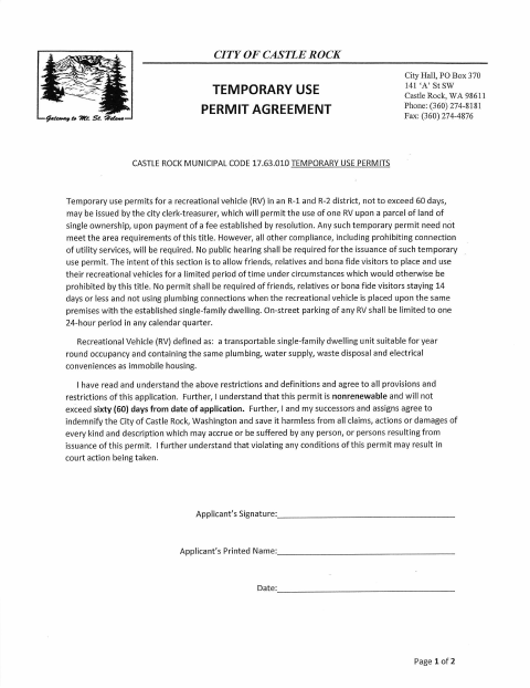 First page of the Temporary Use Permit Application