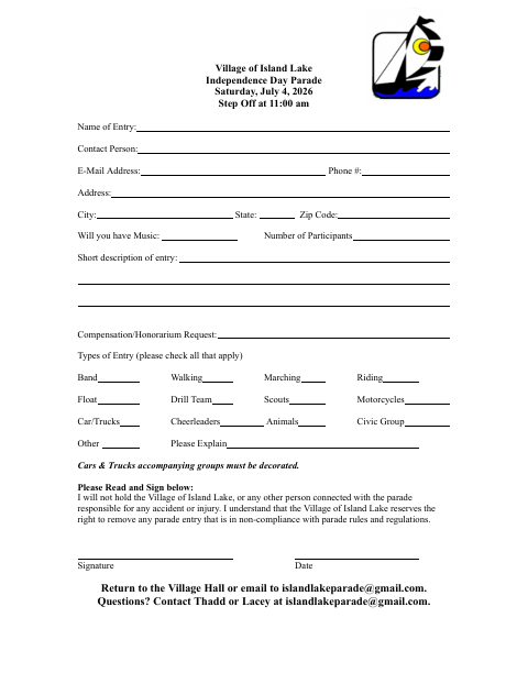 First page of the Independence Day Parade Application