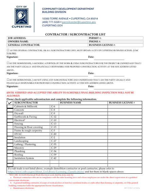 First page of the Contractor / Subcontractor List