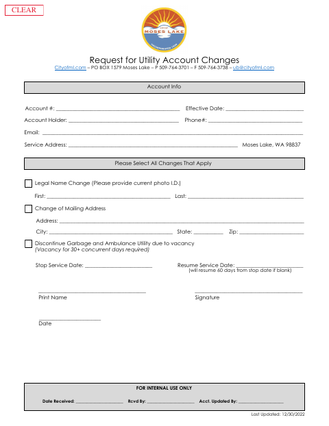 First page of the Request for Utility Account Changes