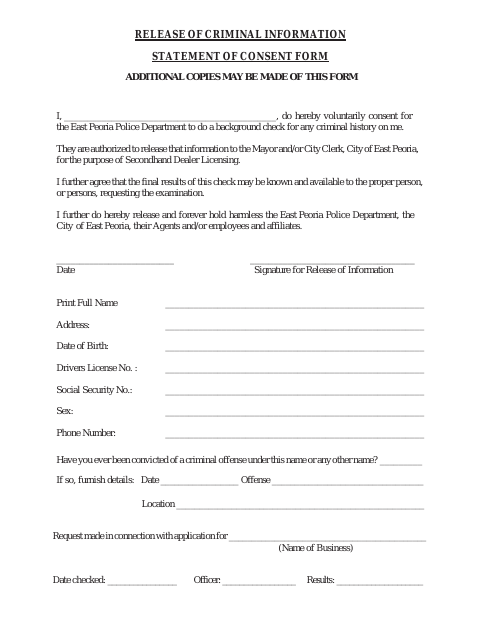 First page of the Release of Criminal Information Statement of Consent Form