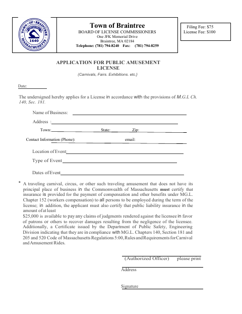 First page of the Public Amusement License Application
