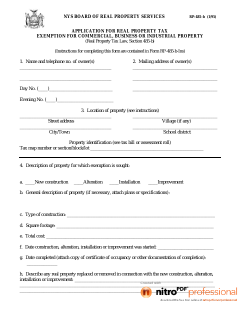 First page of the Application for Real Property Tax Exemption for Commercial, Business or Industrial Property