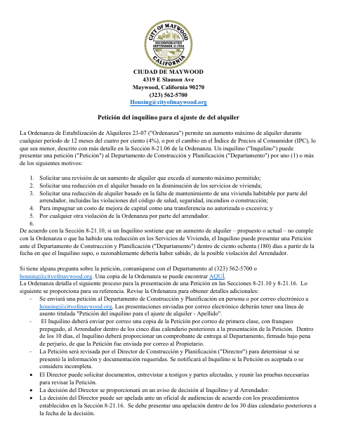 First page of the Tenant Petition for Rent Adjustment