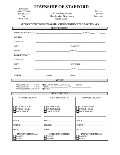 First page of the Application for Existing Structure Certificate of Occupancy