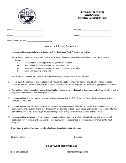 First page of the TNVR Program Volunteer Registration Form