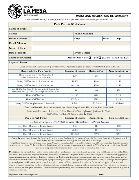 First page of the Day Use Park Permit