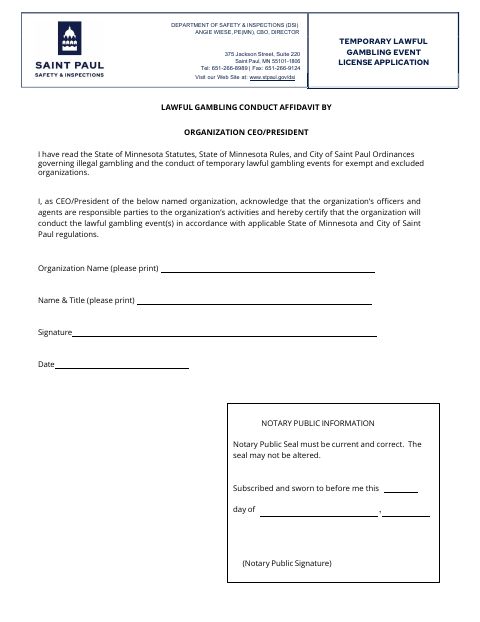 First page of the Lawful Gambling Conduct Affidavit