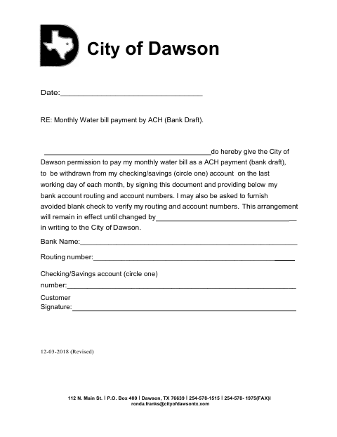 First page of the Water Bill Bank Draft Form