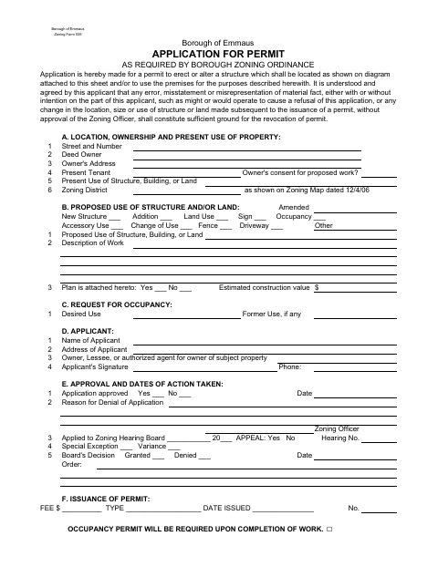 First page of the Application for Permit as Required by Borough Zoning Ordinance