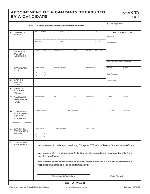 First page of the Appointment of a Campaign Treasurer by a Candidate