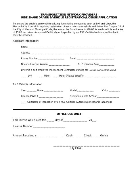 First page of the Ride Share License Application