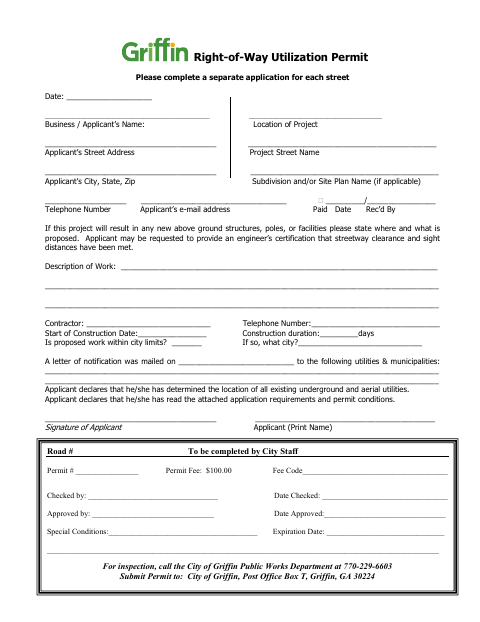 First page of the Right-of-Way Utilization Permit Application