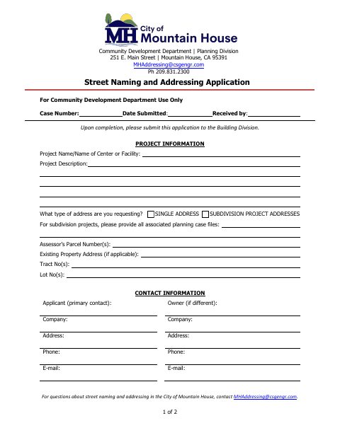 First page of the Street Naming and Addressing Application
