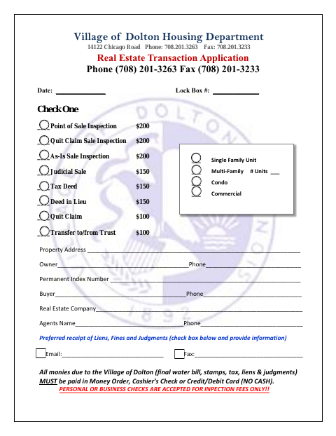 First page of the Real Estate Transaction Application