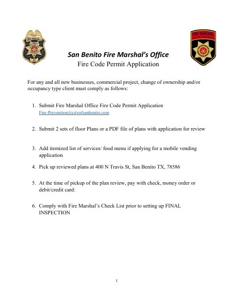 First page of the Fire Code Permit Application