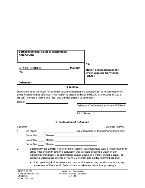 First page of the Motion and Declaration for Order Vacating Conviction