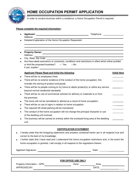 First page of the Home Occupation Permit Application