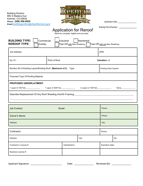 First page of the Application for Reroof