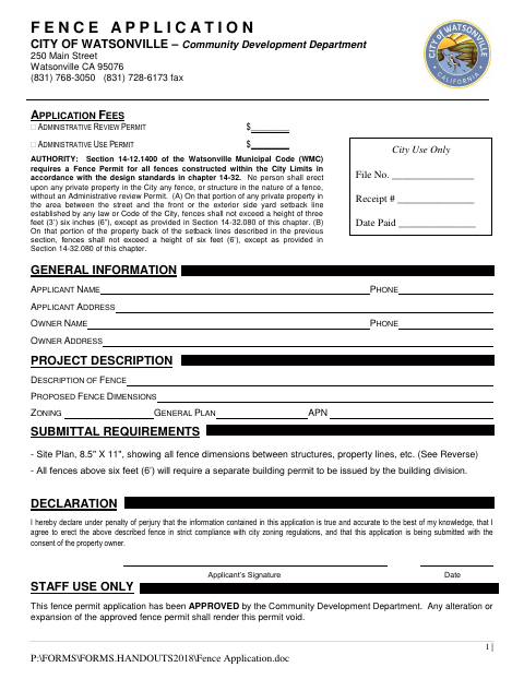 First page of the Fence Application