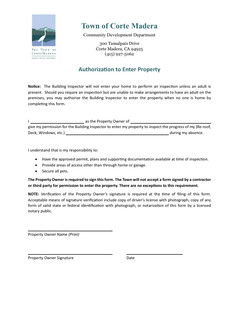 First page of the Authorization to Enter Property