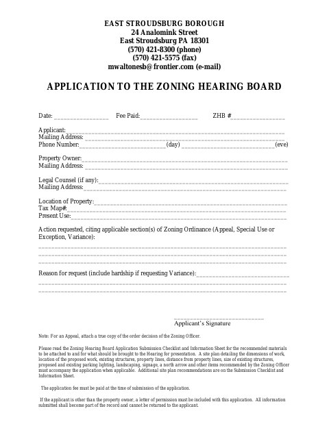 First page of the Application to the Zoning Hearing Board
