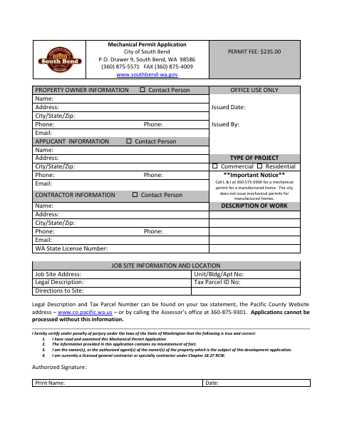 First page of the Mechanical Permit Application