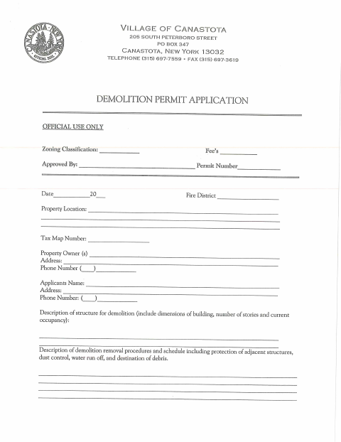 First page of the Demolition Permit Application