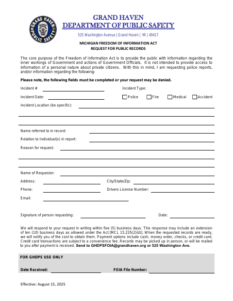First page of the Freedom of Information Act Request for Public Records