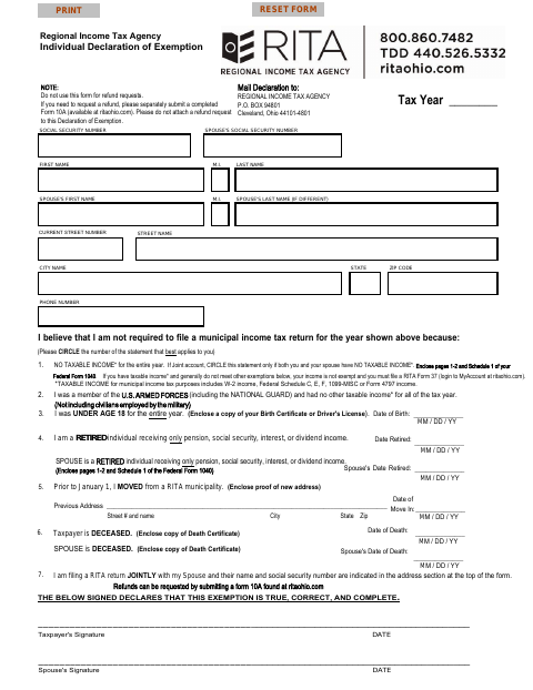 First page of the RITA Income Tax Exemption Form