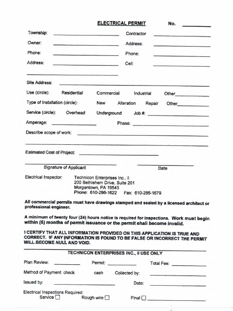 First page of the Electrical Permit Application