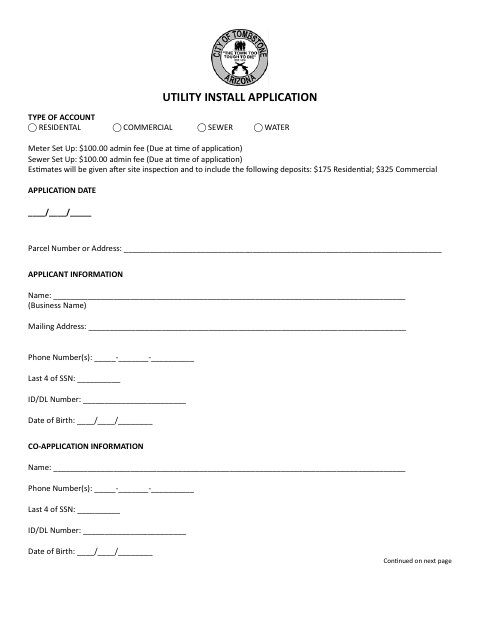 First page of the Utility Installation Application