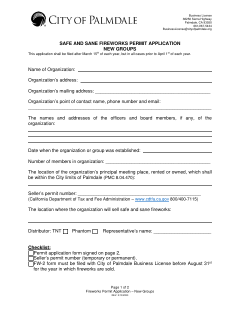 First page of the Safe And Sane Fireworks Permit Application New Groups