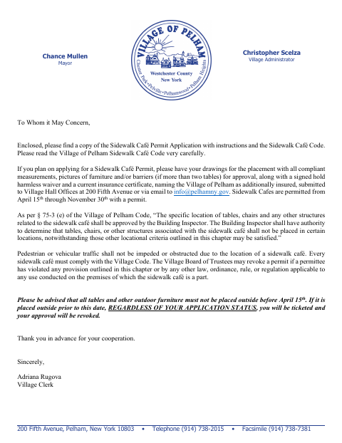 First page of the Sidewalk Cafe Application