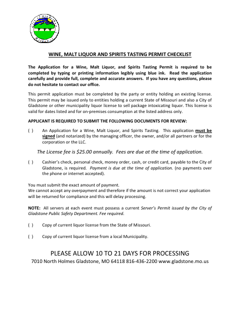 First page of the Wine, Malt Liquor and Spirits Tasting Permit Application