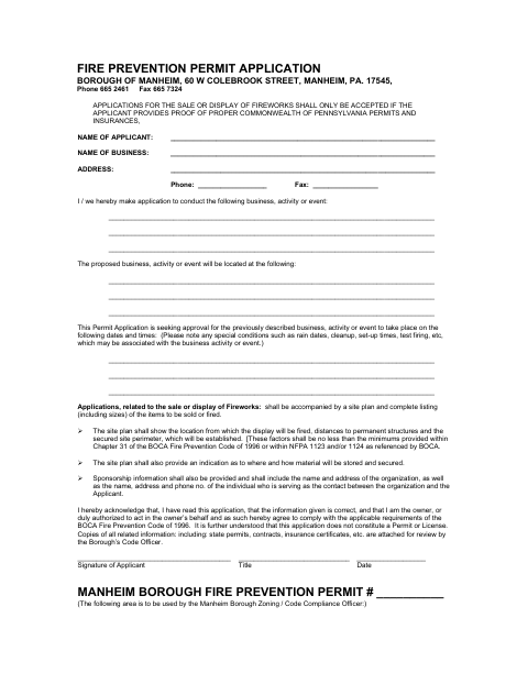 First page of the Fire Prevention Permit Application