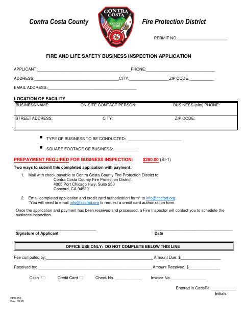 First page of the Fire and Life Safety Business Inspection Application