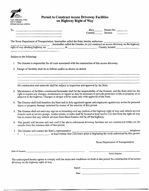 First page of the TXDOT Drive Permit