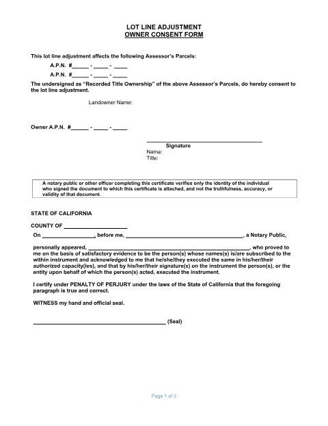 First page of the Lot Line Adjustment Owner Consent Form