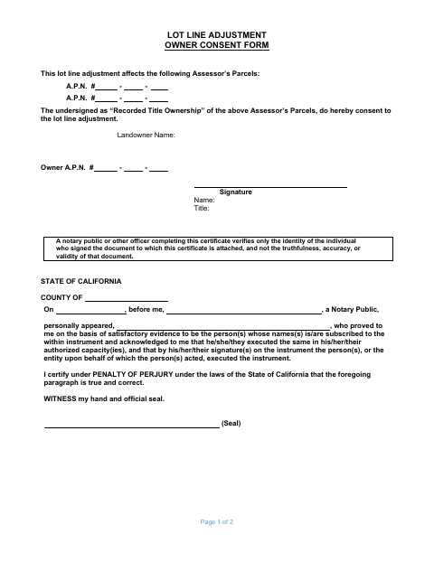 First page of the Lot Line Adjustment Owner Consent Form