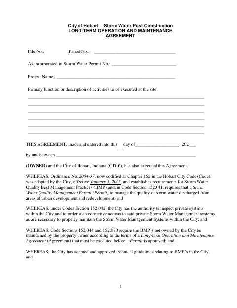 First page of the Storm Water Post-Construction Long-Term Operation and Maintenance Agreement