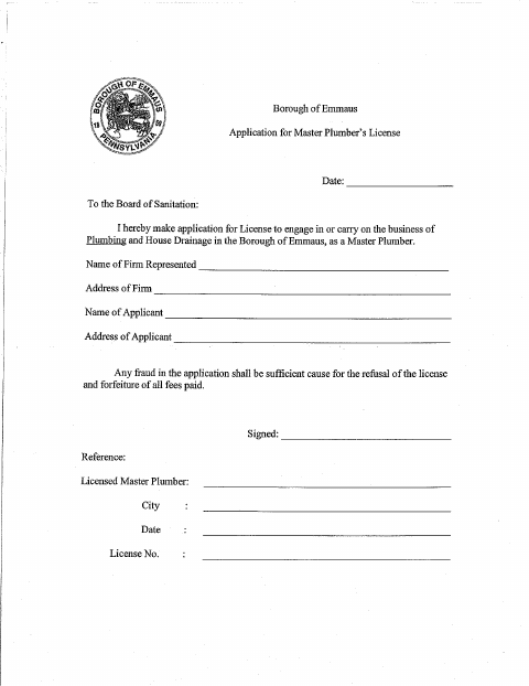First page of the Master Plumbing License Application