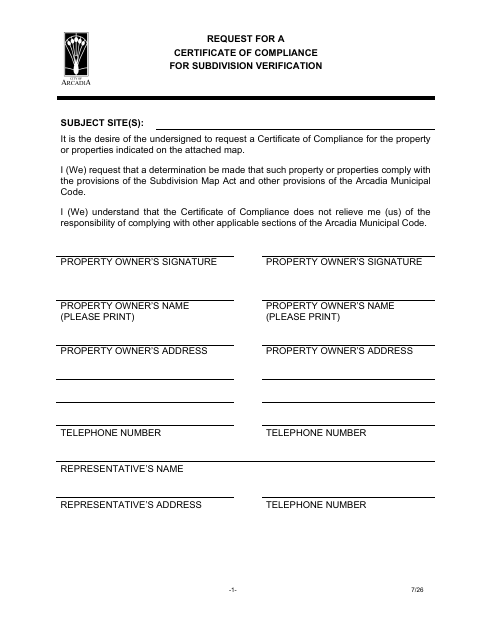 First page of the Request for a Certificate of Compliance for Subdivision Verification